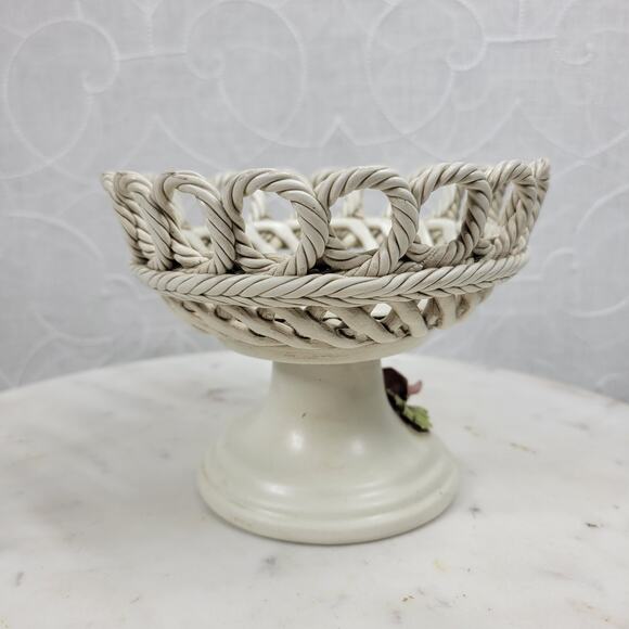 Vintage Capodimonte Pedestal Bowl 4.25" Pink Flower Woven Porcelain Basket - Picture 14 of 16